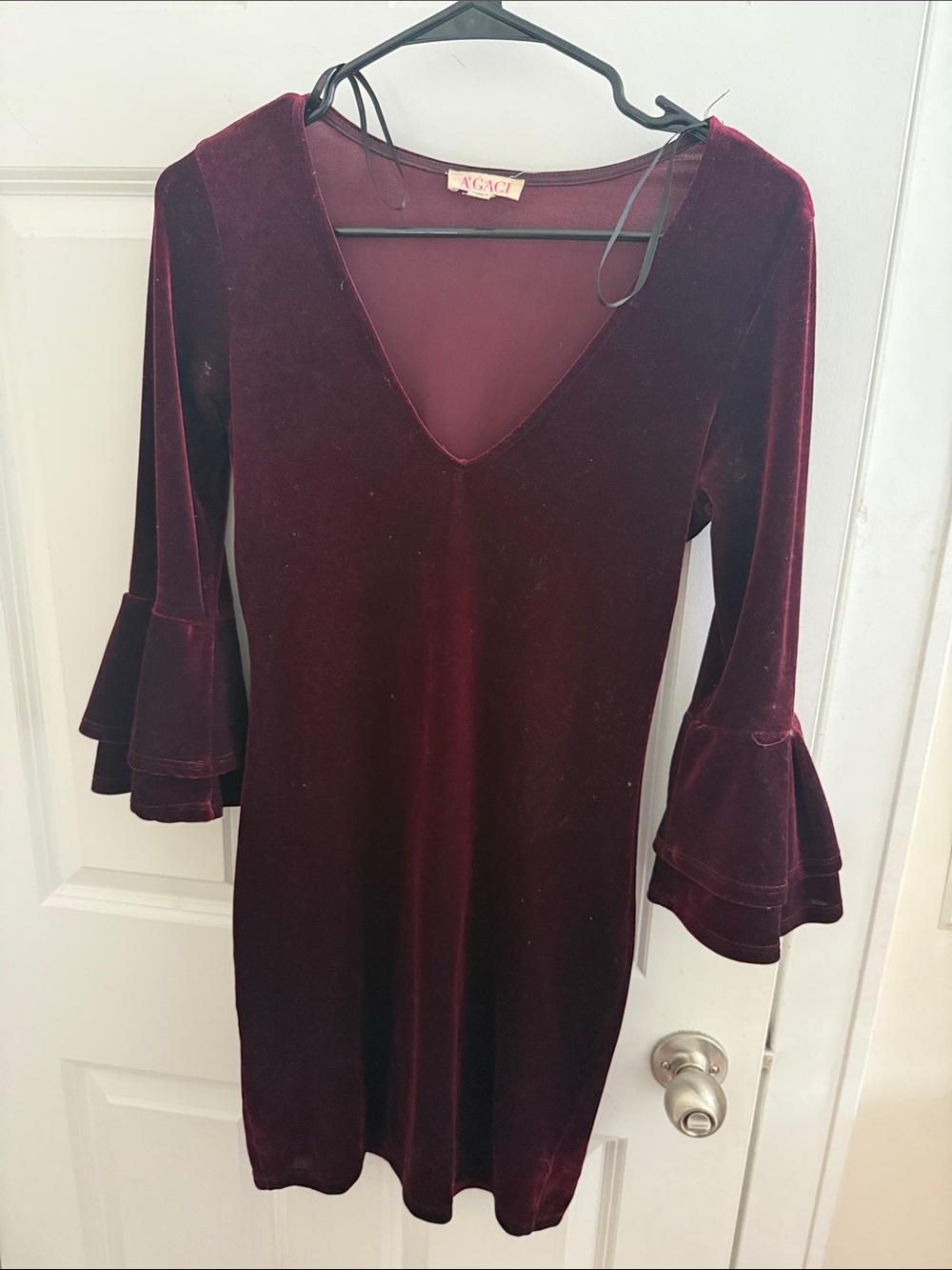 a'gaci Wine Velvet V-Neck Dress with Bell Sleeves